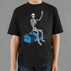 Giant Skeleton Waving from Rooftop of a House