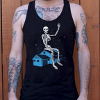 Giant Skeleton Waving from Rooftop of a House