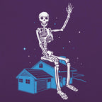 Giant Skeleton Waving from Rooftop of a House