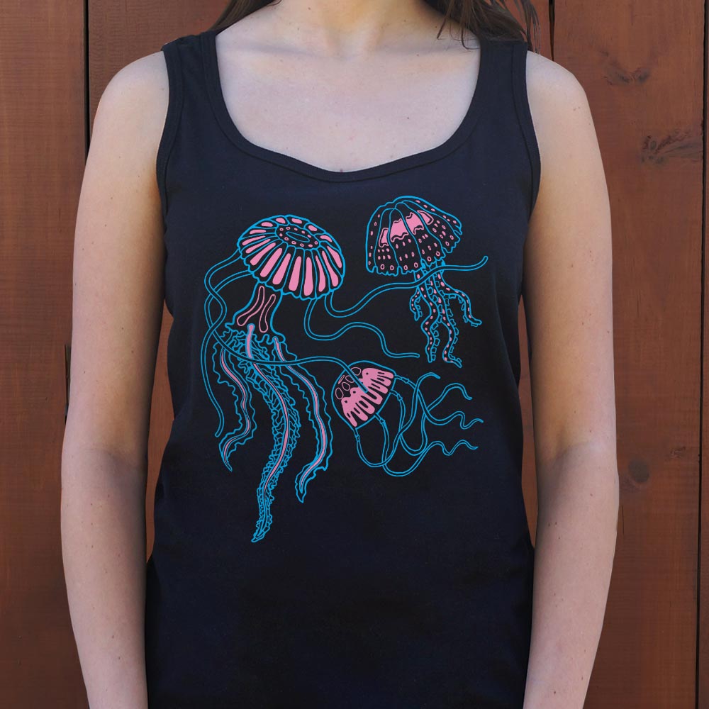 Jellyfish Trio Three Neon Pink and Blue Jellyfish with Flowing Tentacl