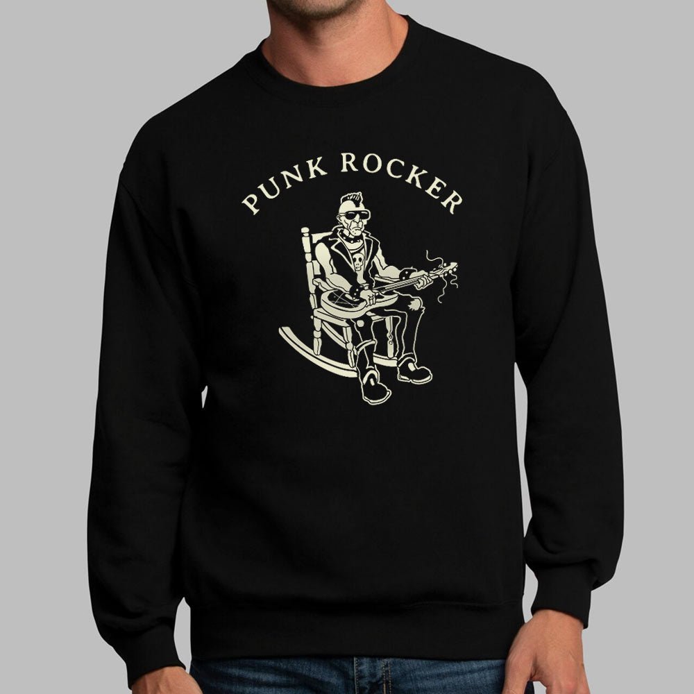Punk Rocker Old Man in Rocking Chair with Mohawk and Guitar