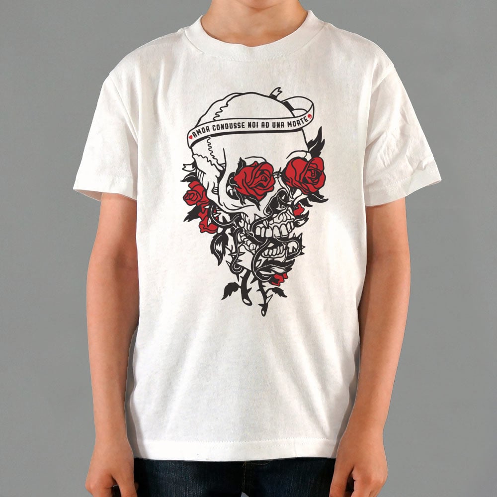 Skull And Roses Tattoo Design with Love and Death Banner
