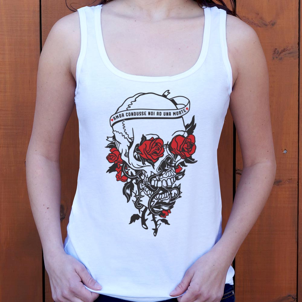 Skull And Roses Tattoo Design with Love and Death Banner