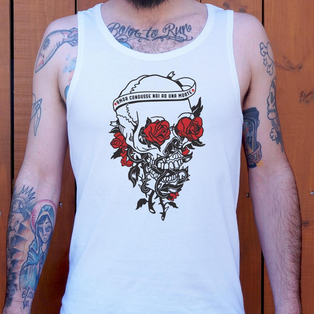 Skull And Roses Tattoo Design with Love and Death Banner